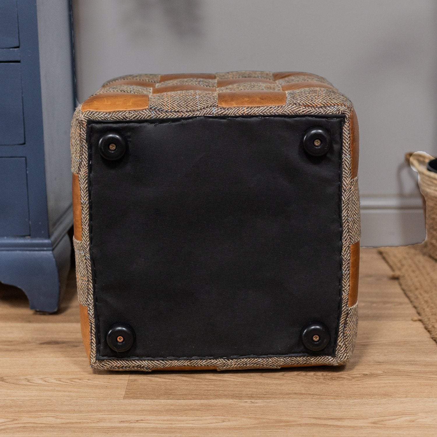 Brown Cerato Leather and Gamekeeper Thorn Harris Tweed Patchwork Cube Footstool