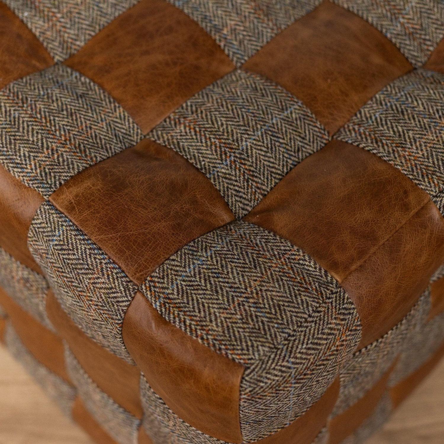 Brown Cerato Leather and Gamekeeper Thorn Harris Tweed Patchwork Cube Footstool