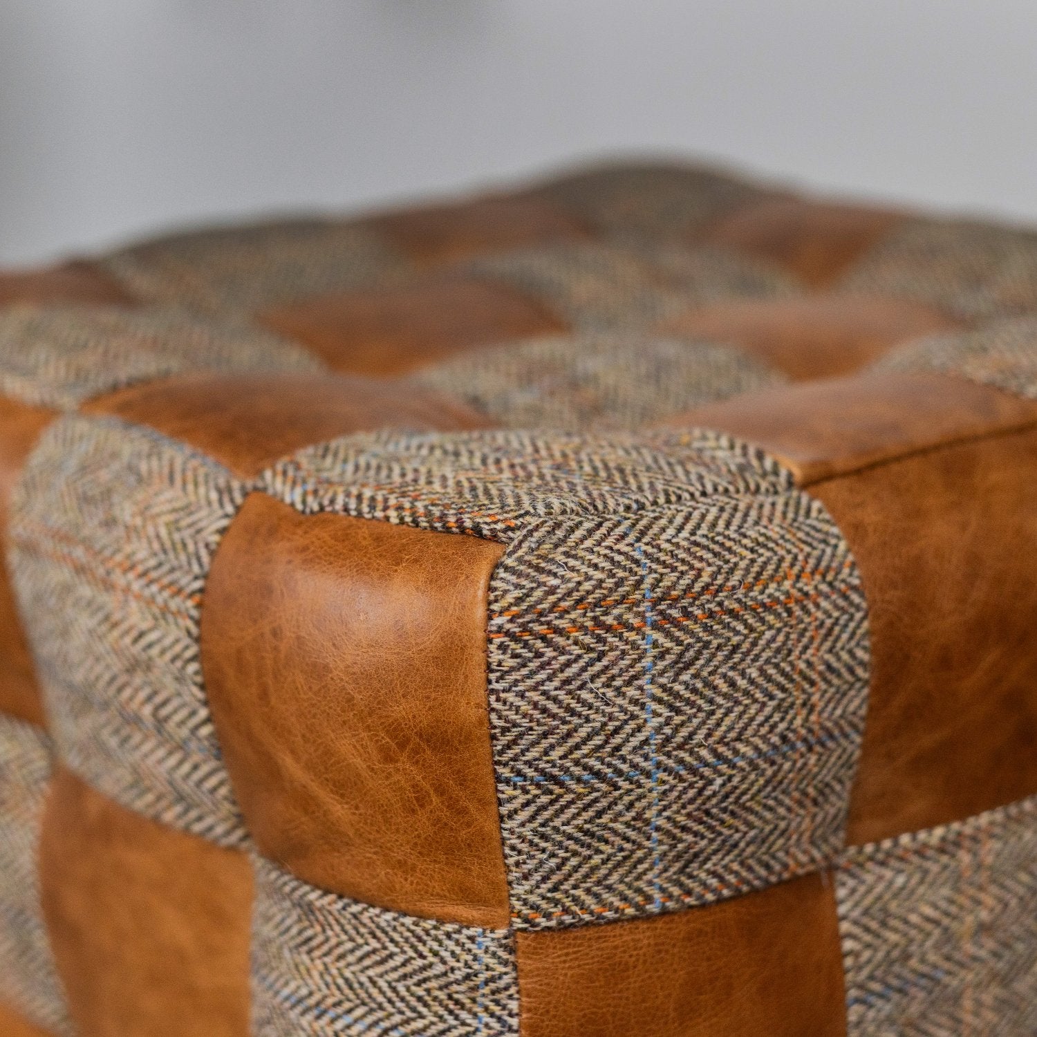 Brown Cerato Leather and Gamekeeper Thorn Harris Tweed Patchwork Cube Footstool