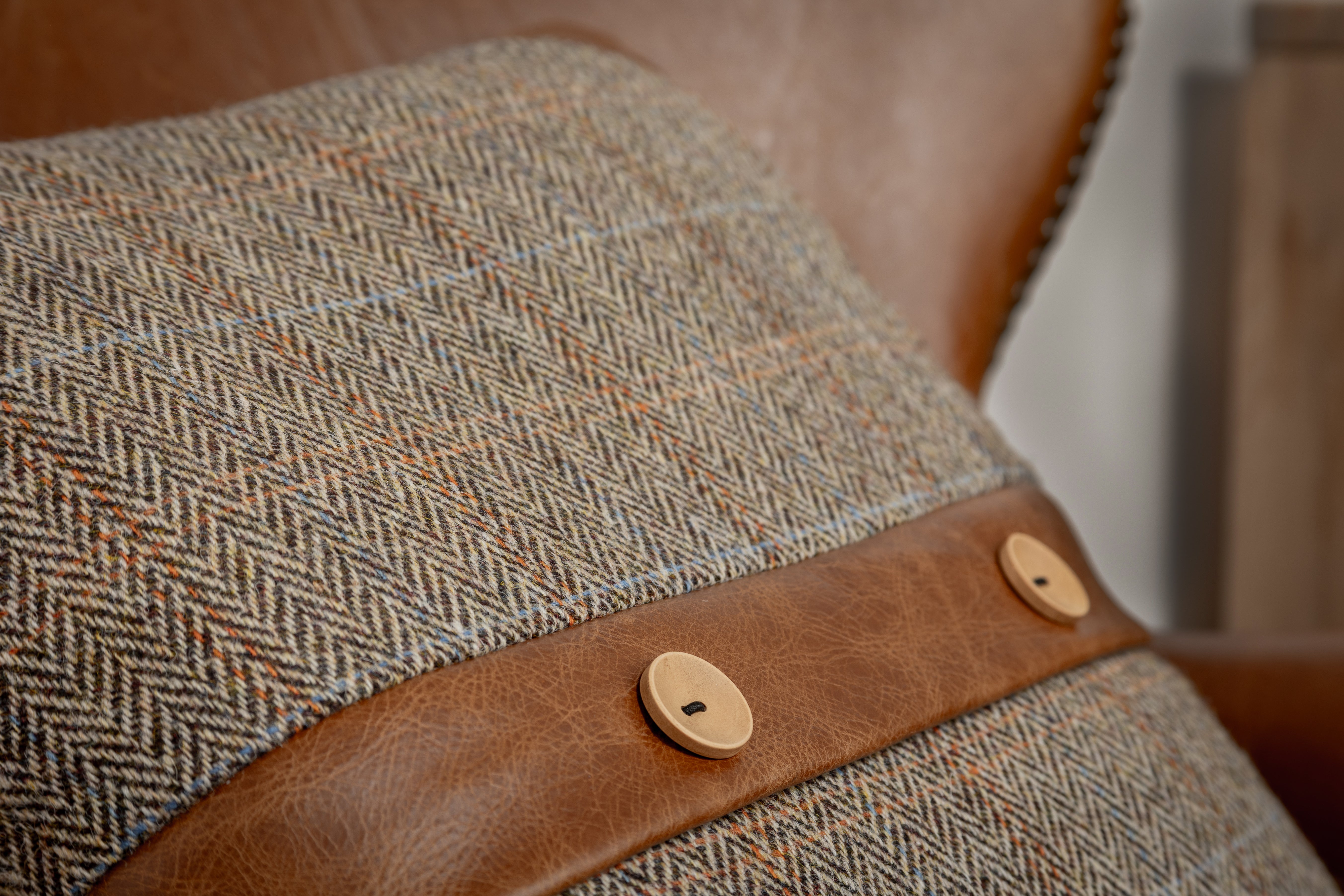 Gamekeeper Thorn Harris Tweed and Brown Cerato Leather Belt and Button Cushion