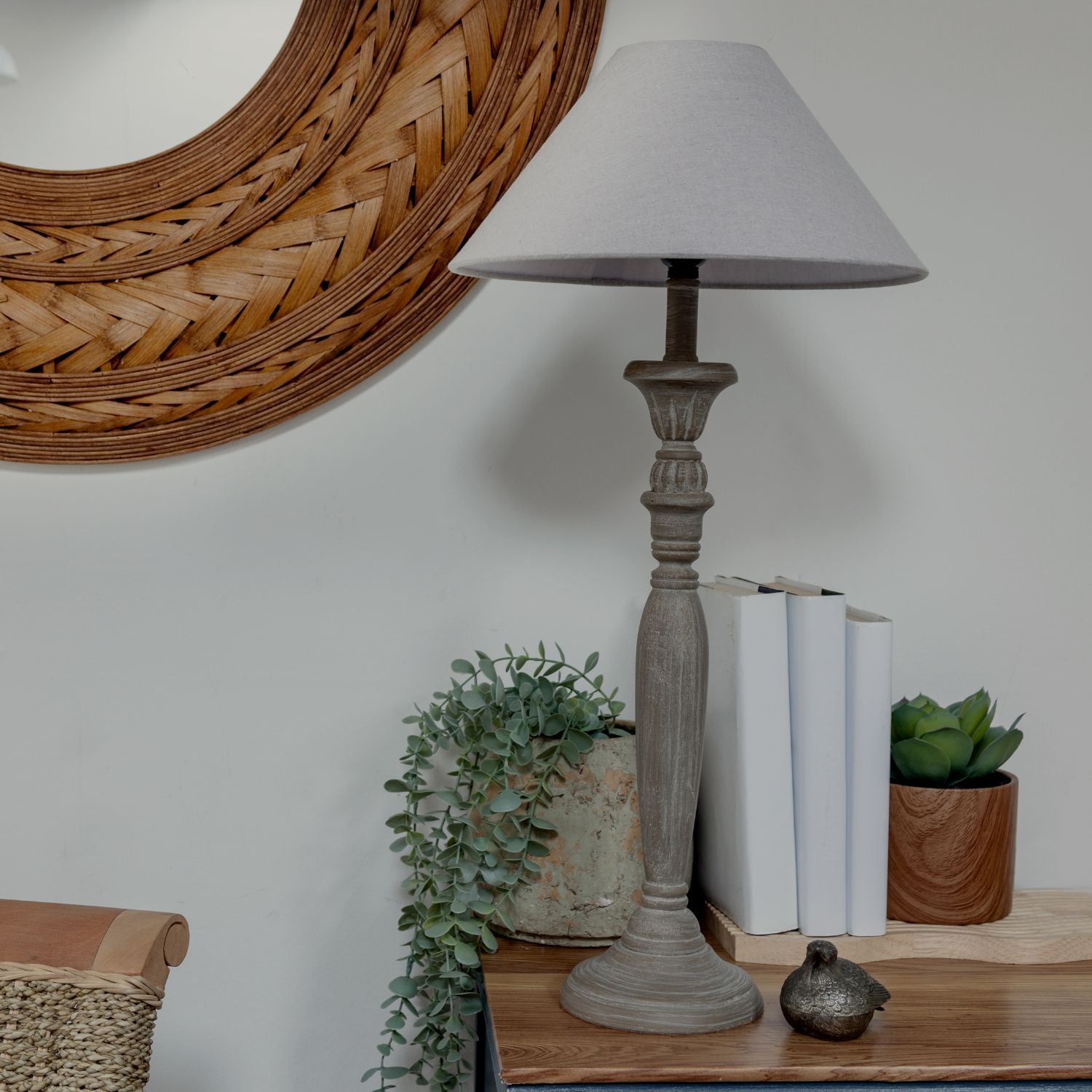 Grey Wash Wooden Candlestick Table Lamp