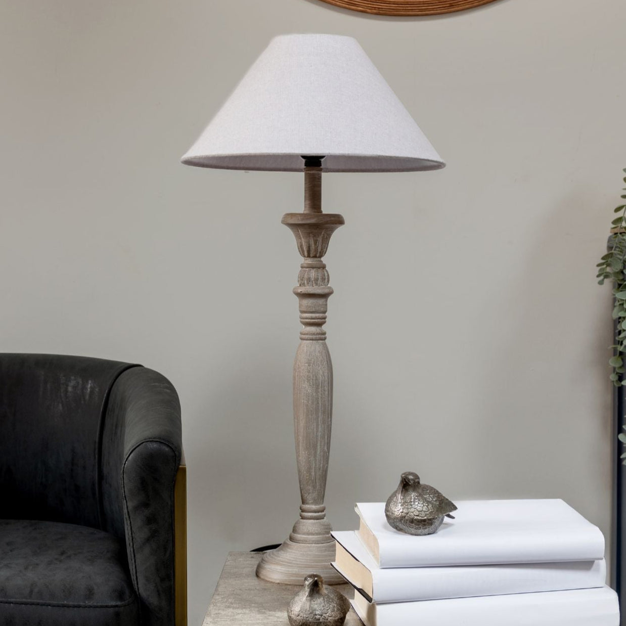 Grey Wash Wooden Candlestick Table Lamp