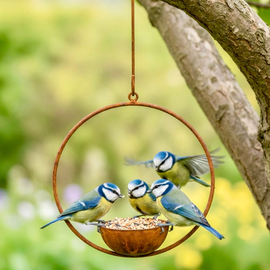 Bird feeder with bluebirds perched on a tree branch