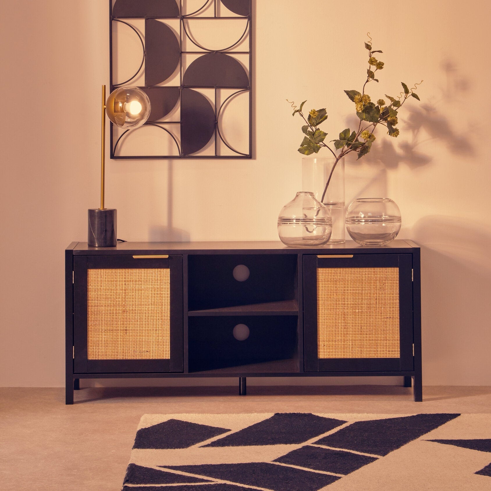 Herman Black Wood and Rattan Two Door Two Shelf Media Unit - The Orchard Home and Gifts