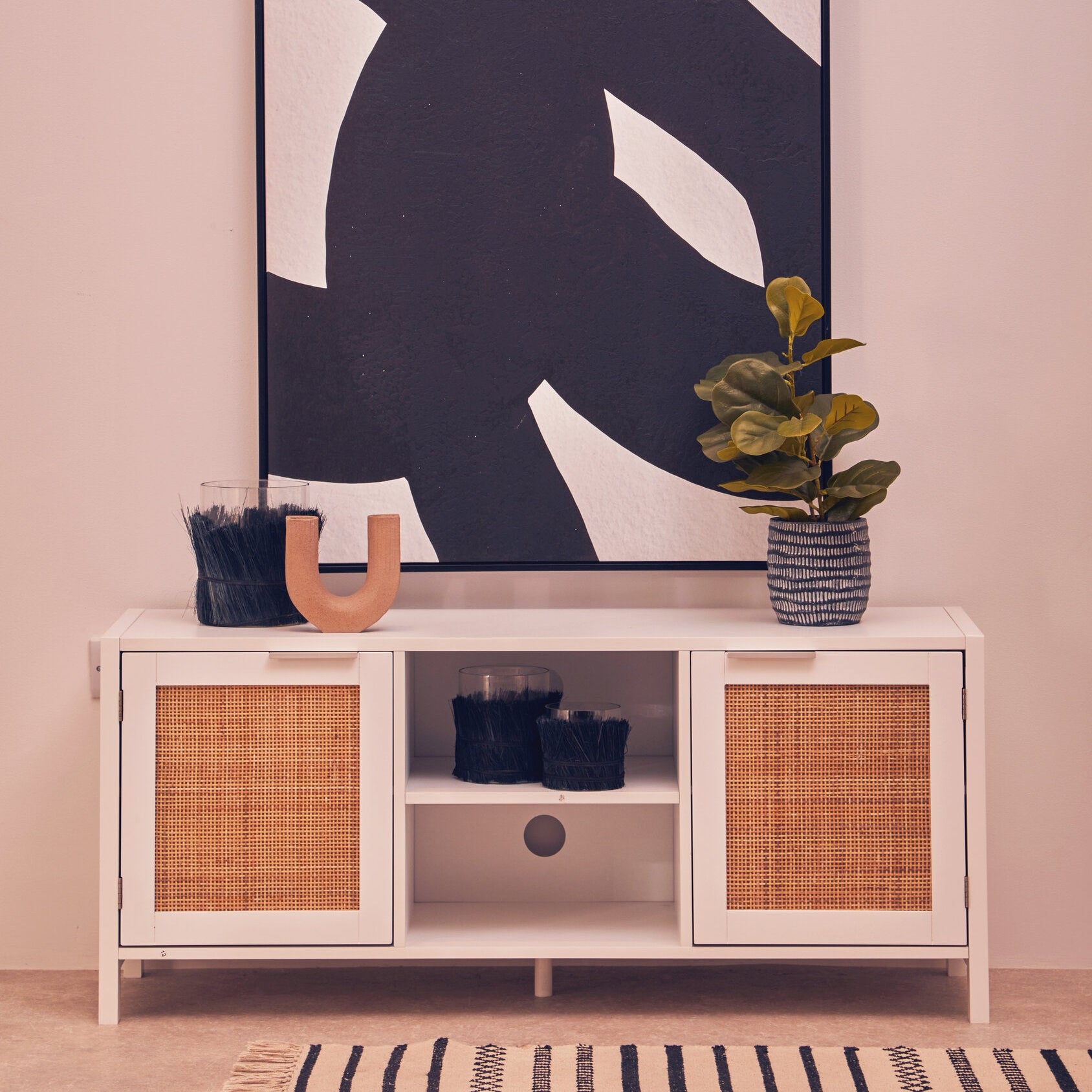 Herman White Wood and Rattan Two Door Two Shelf Media Unit - The Orchard Home and Gifts