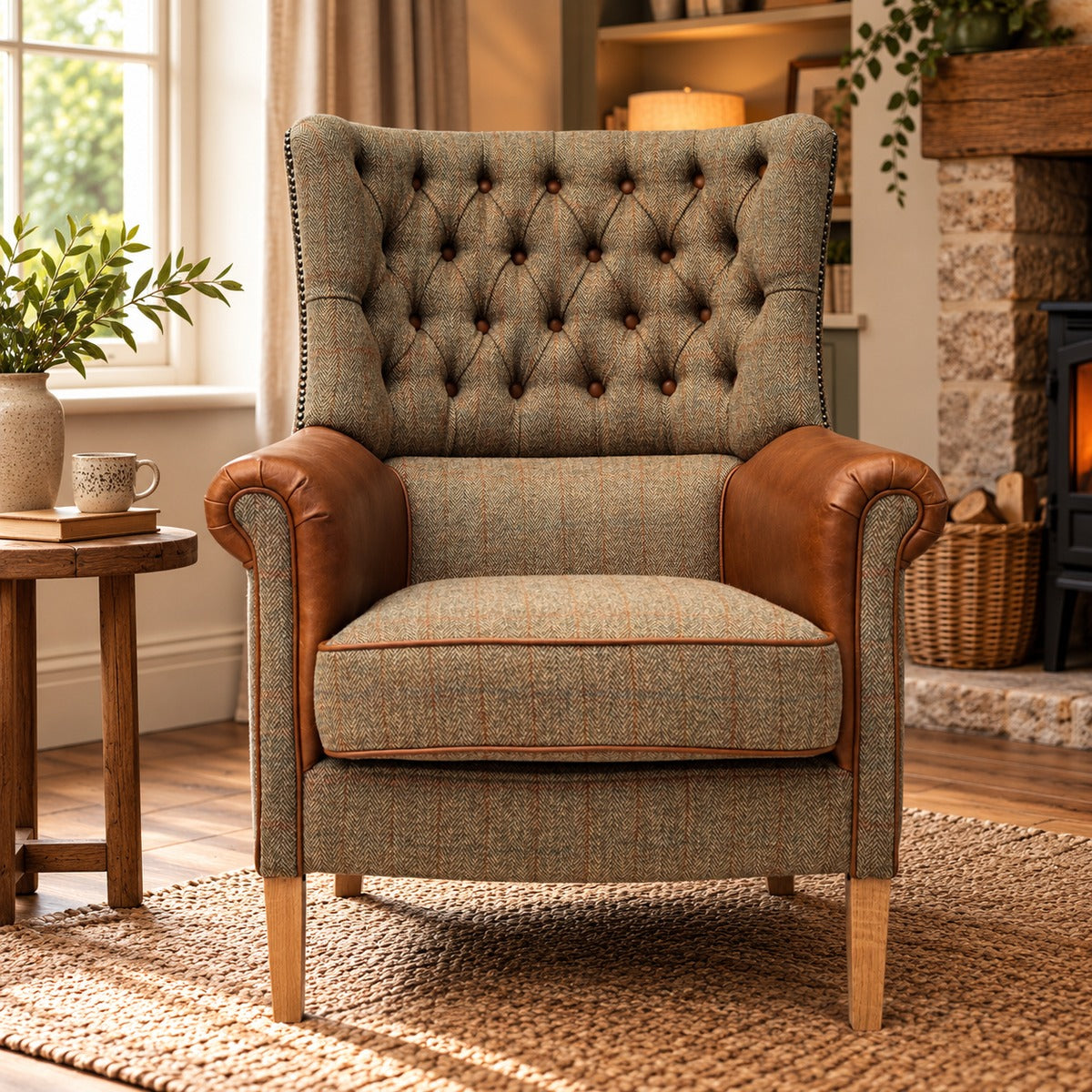 Gamekeeper Spruce Harris Tweed Holker Armchair Light Oak