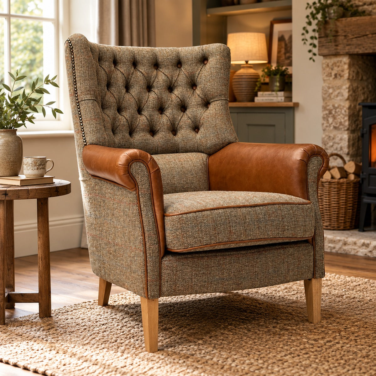 Gamekeeper Spruce Harris Tweed Holker Armchair Light Oak