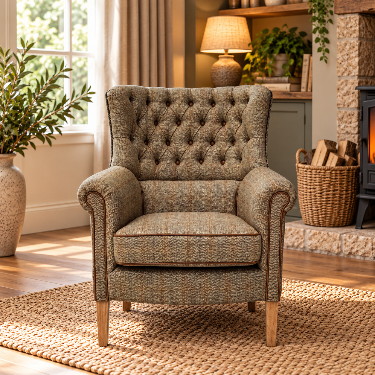 Gamekeeper Thorn Harris Tweed Holker Armchair Light Oak