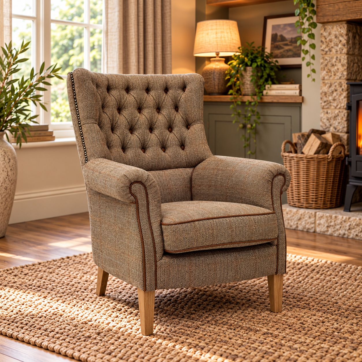 Gamekeeper Thorn Harris Tweed Holker Armchair Light Oak
