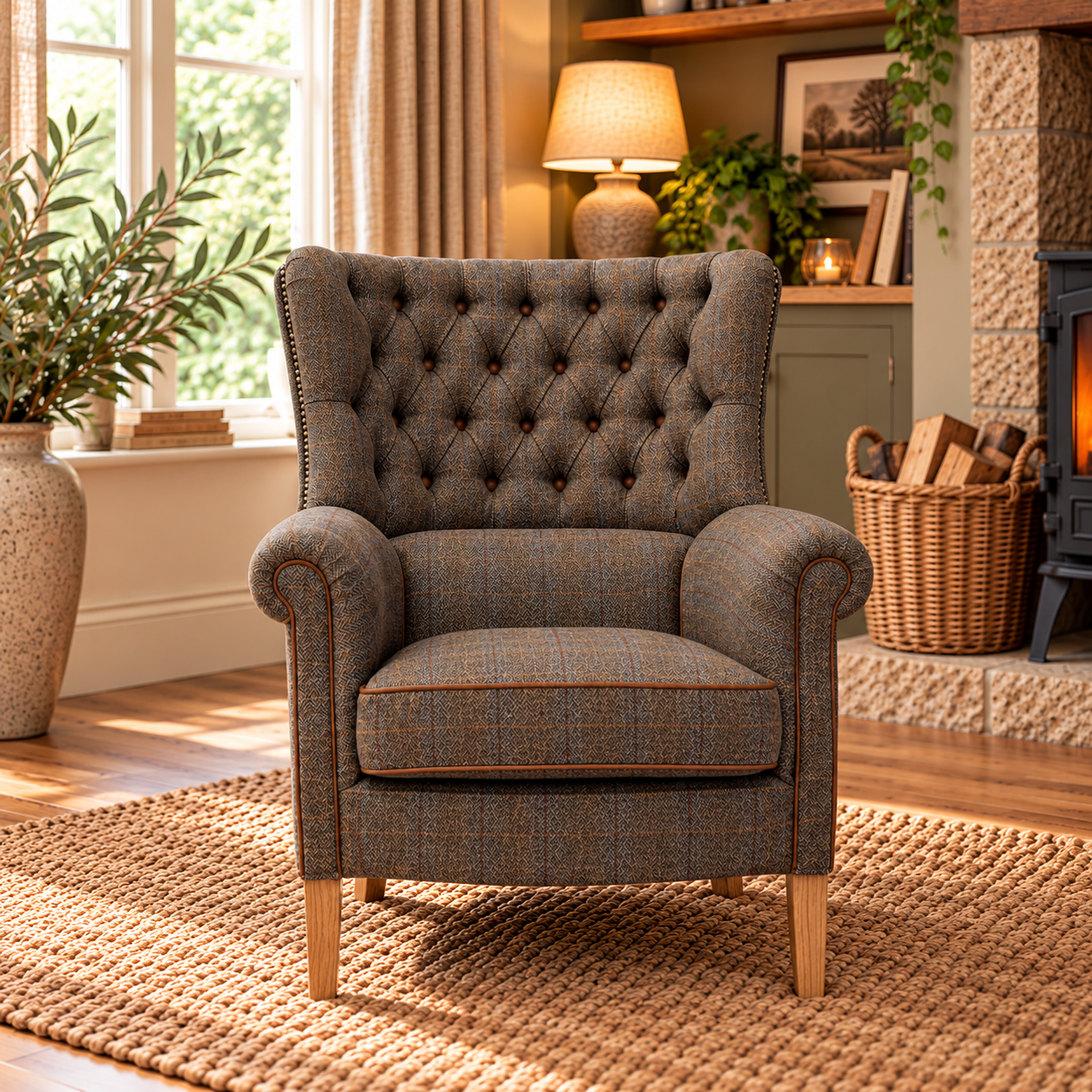 Uist Night Harris Tweed Holker Armchair Light Oak