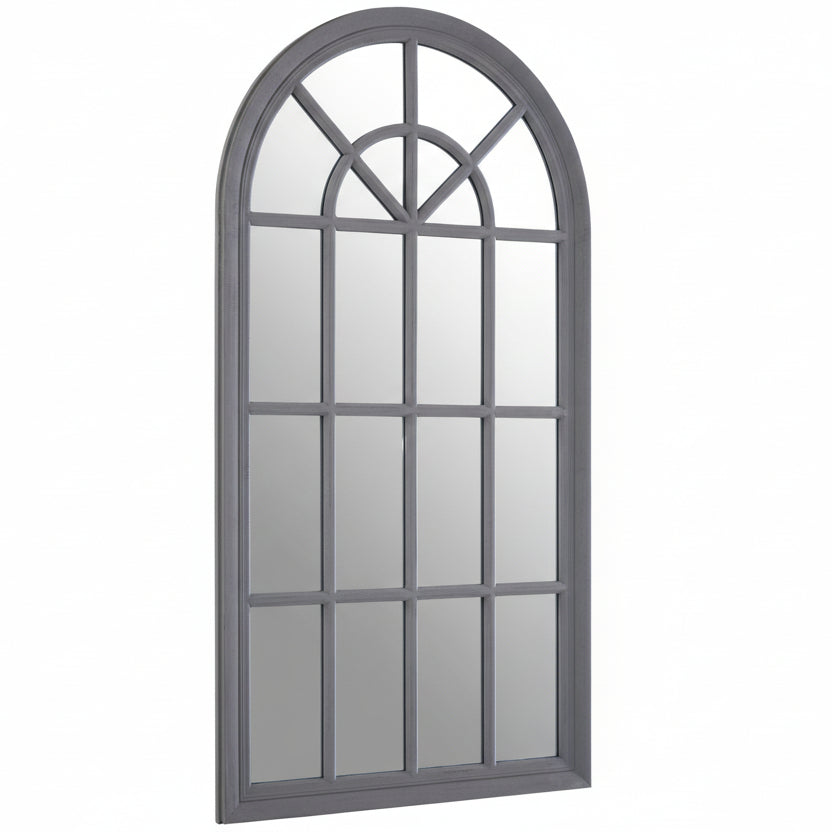 Arched window-style mirror with gray frame on a white background