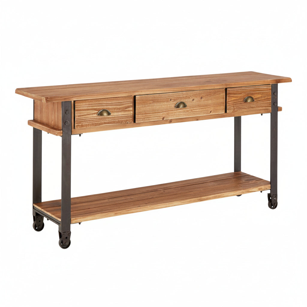 Industrial Wood and Metal Three Drawer Console Kitchen Storage Table - The Orchard Home and Gifts