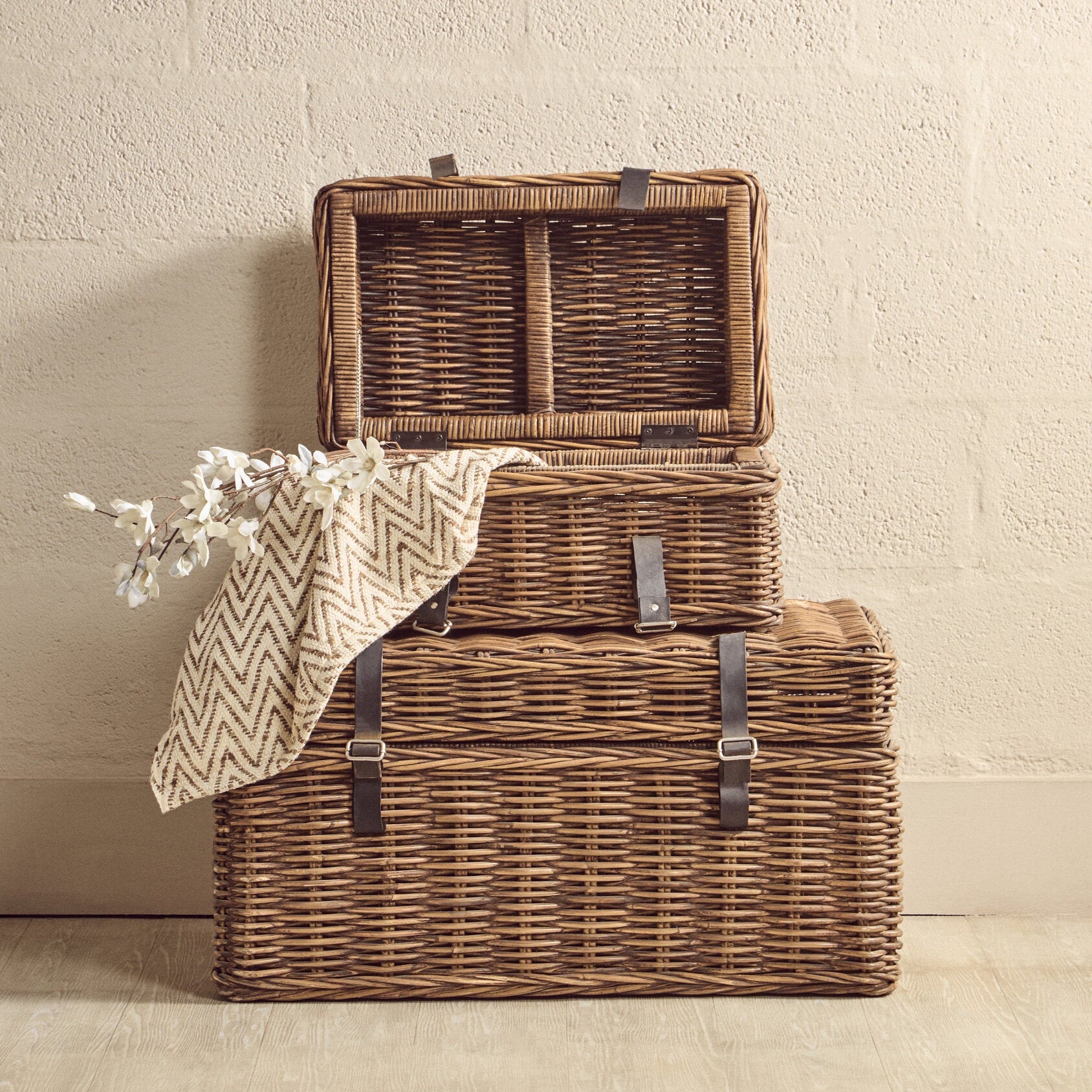 Kabu Rattan Set of Two Storage Trunks with Leather Straps - The Orchard Home and Gifts