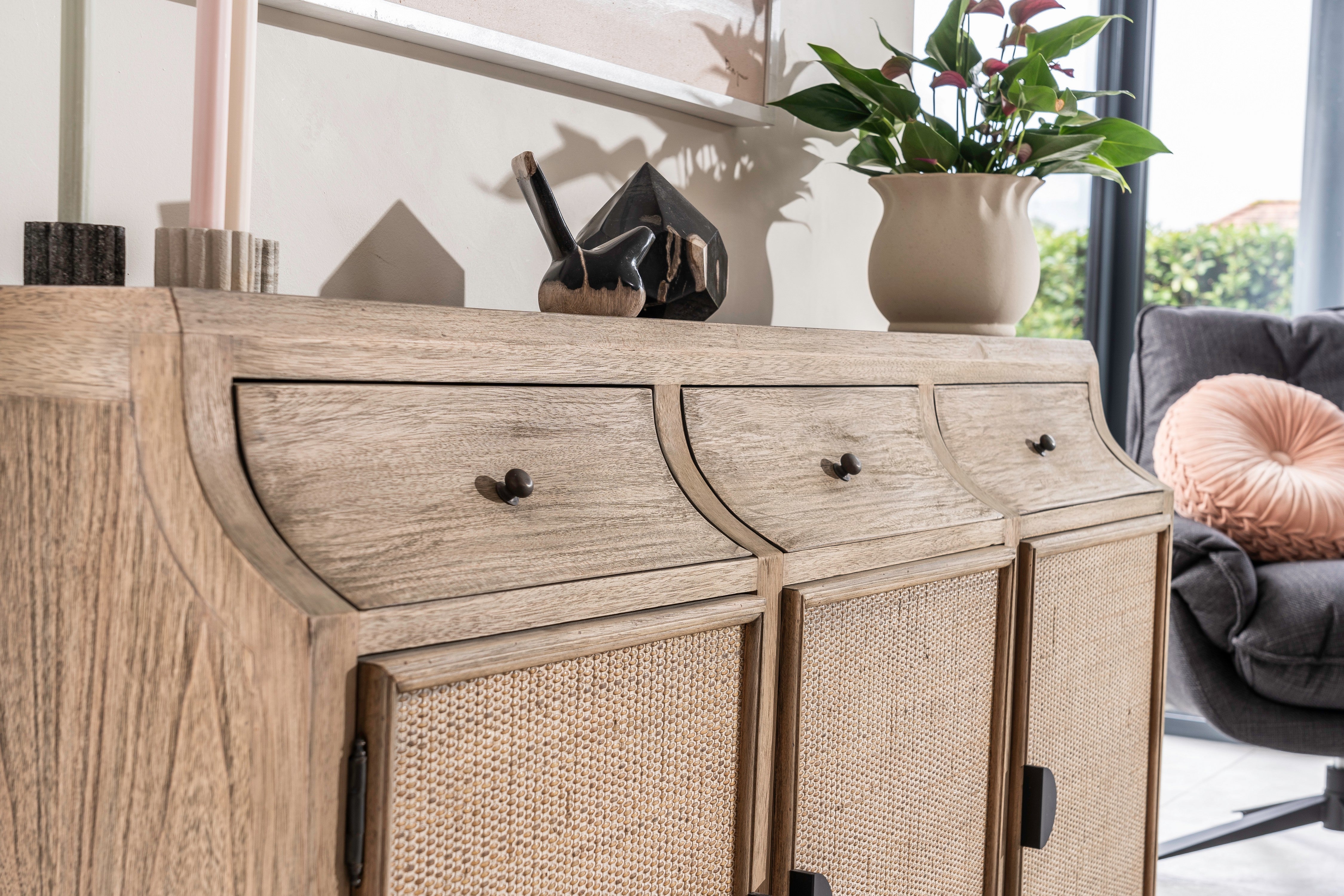 Monte Natural Wood and Rattan Three Door Sideboard - The Orchard Home and Gifts