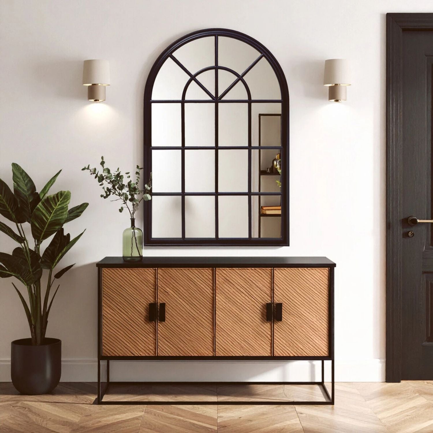 Wooden cabinet with decorative mirror in a room setting