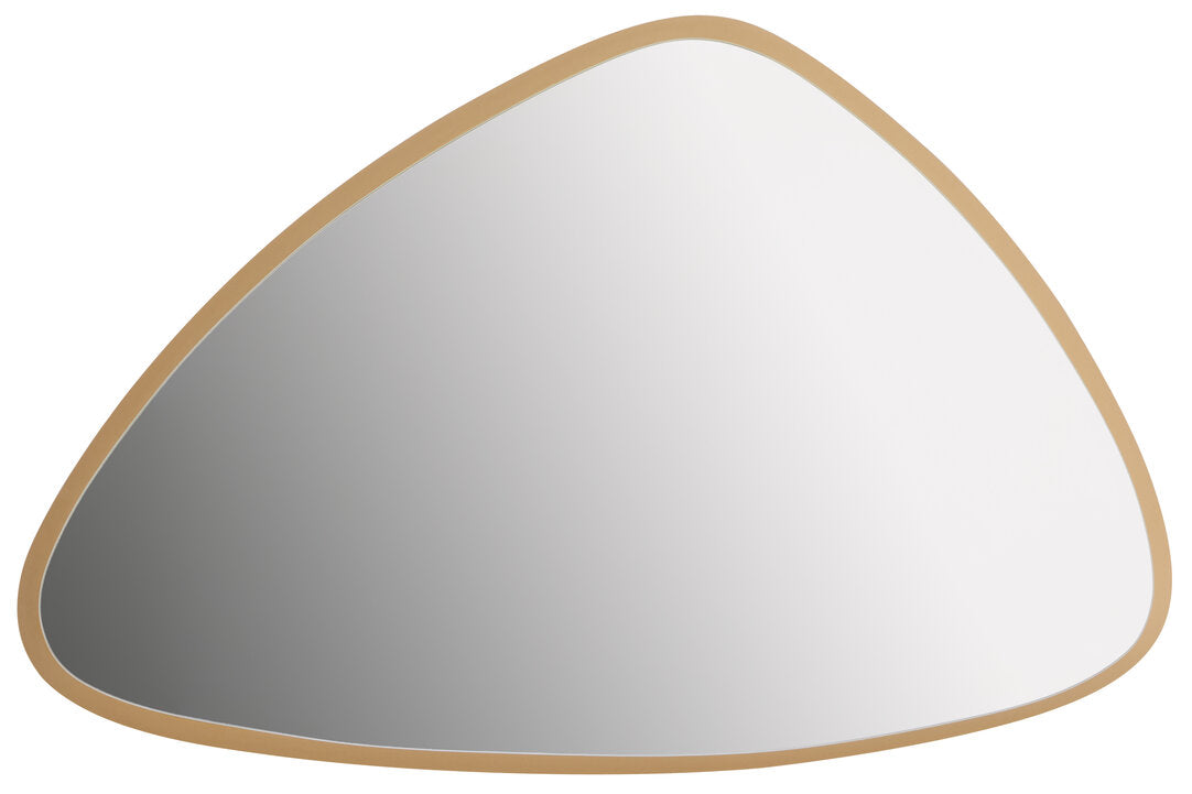 Triangular mirror with a wooden frame on a white background