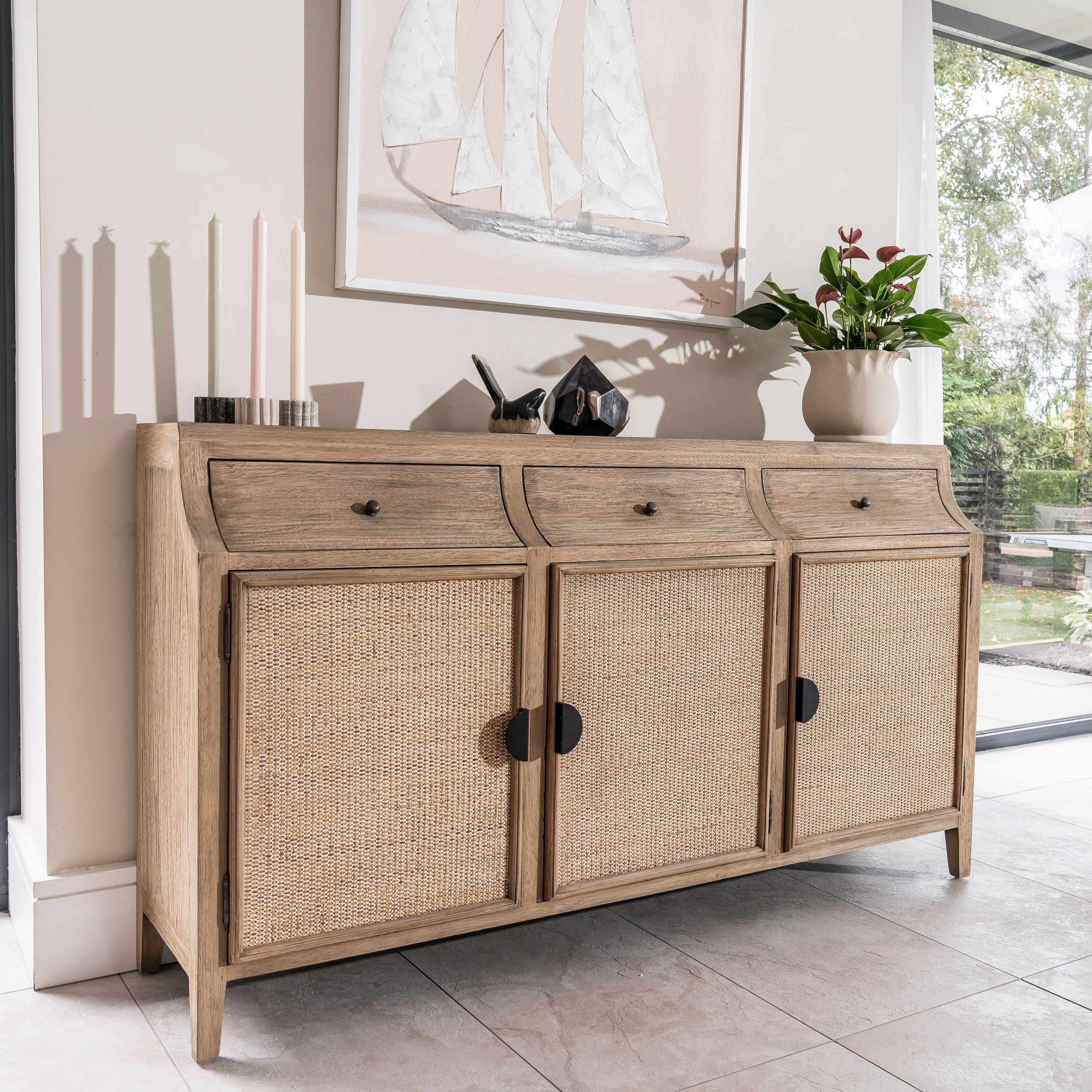 Monte Natural Wood and Rattan Three Door Sideboard - The Orchard Home and Gifts