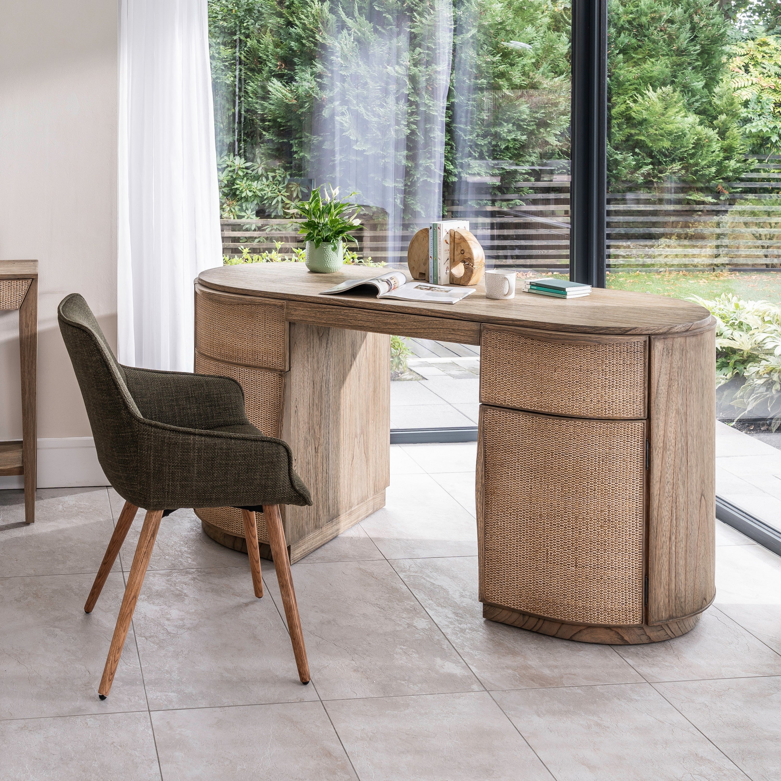 Monte Natural Wood and Rattan Two Drawer Two Door Desk - The Orchard Home and Gifts
