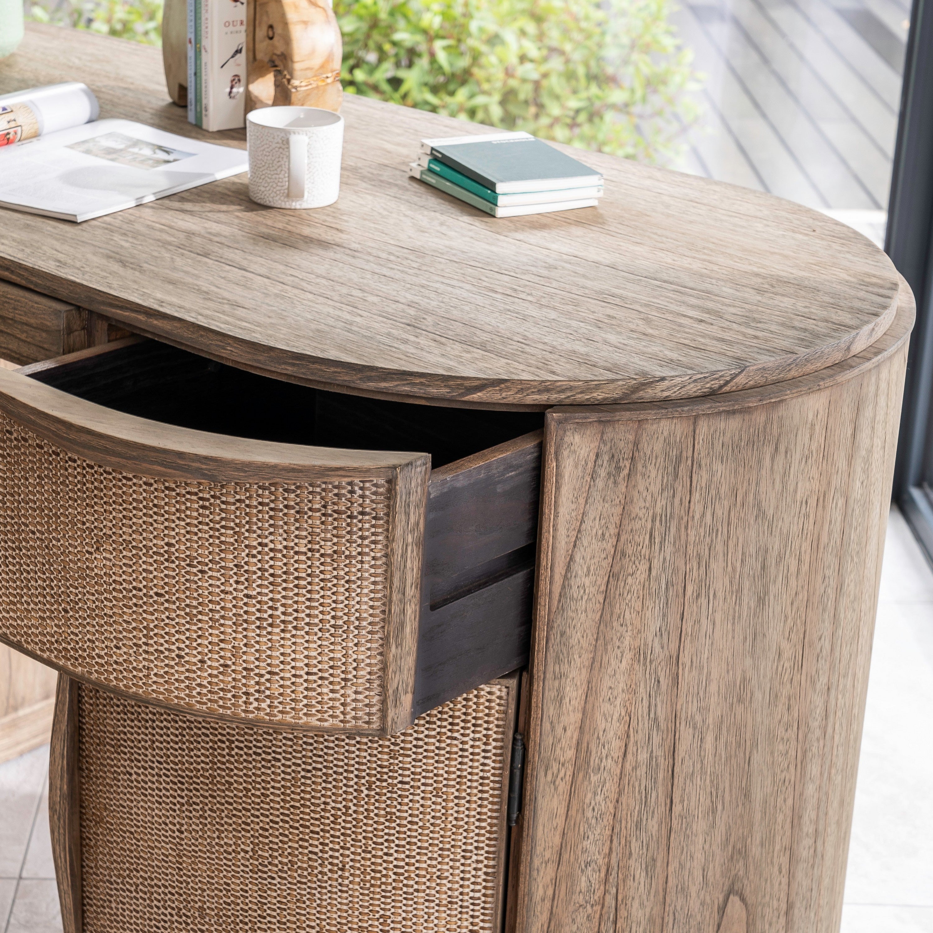 Monte Natural Wood and Rattan Two Drawer Two Door Desk - The Orchard Home and Gifts
