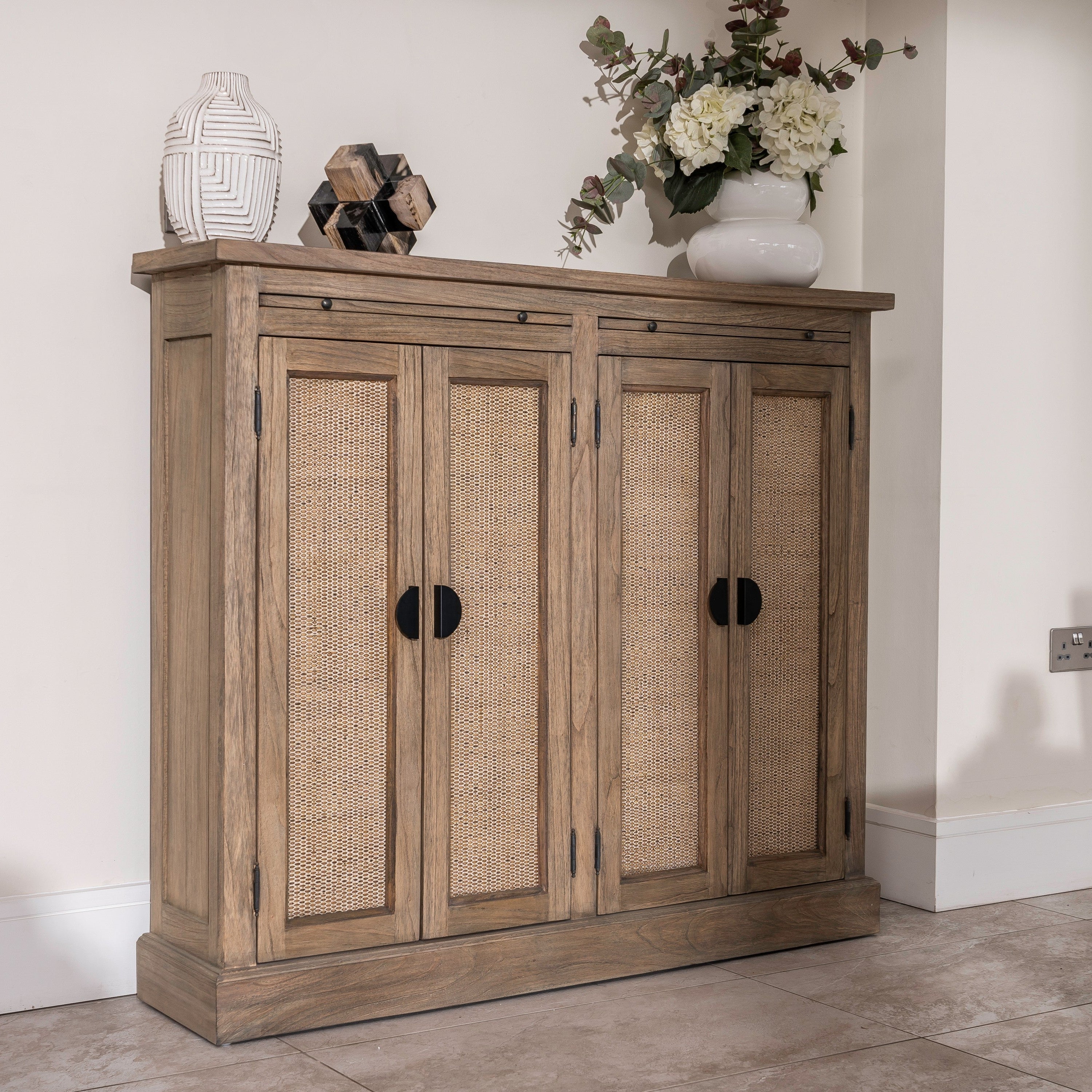 Monte Natural Wood and Rattan Slim Four Door Cabinet - The Orchard Home and Gifts