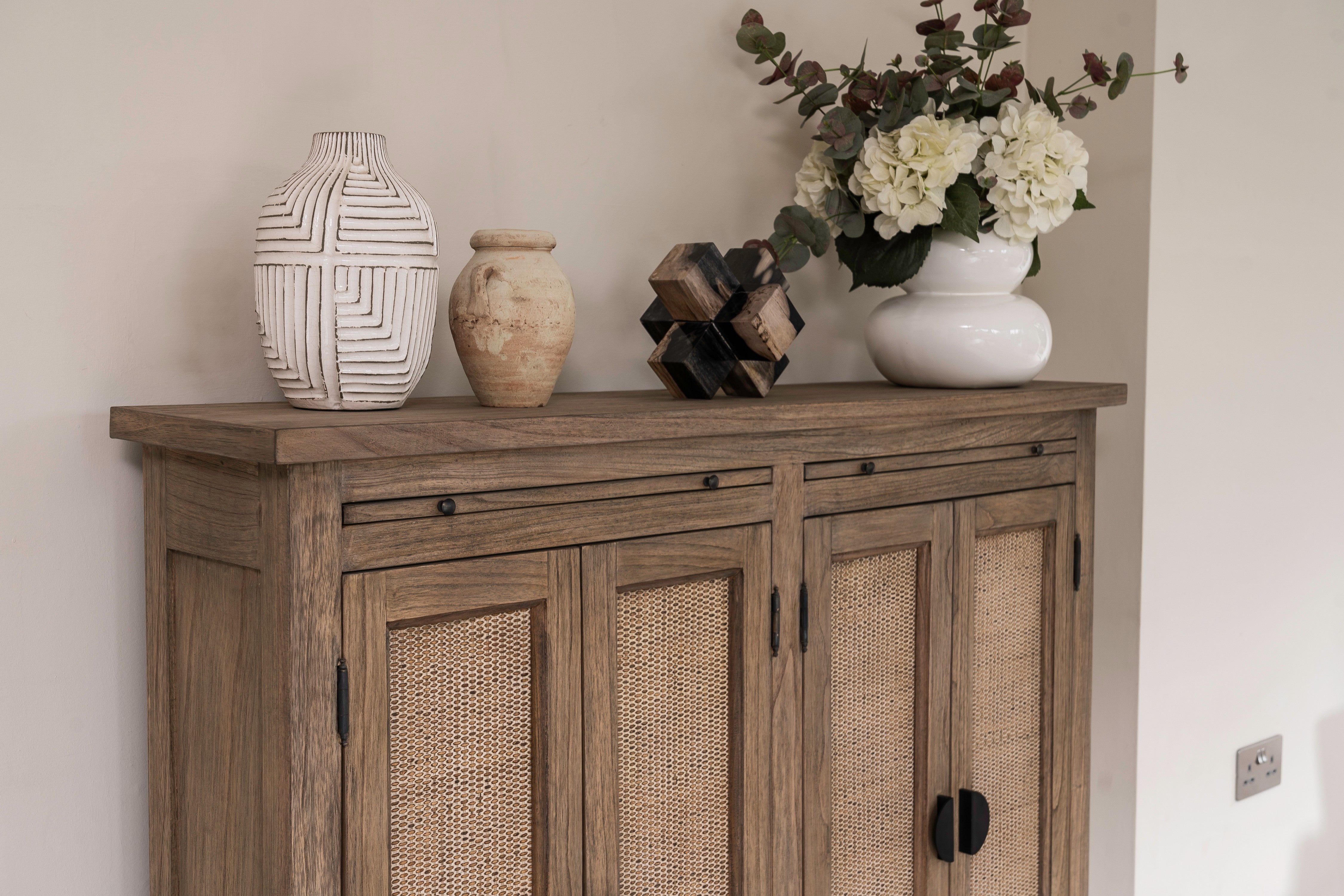 Monte Natural Wood and Rattan Slim Four Door Cabinet - The Orchard Home and Gifts