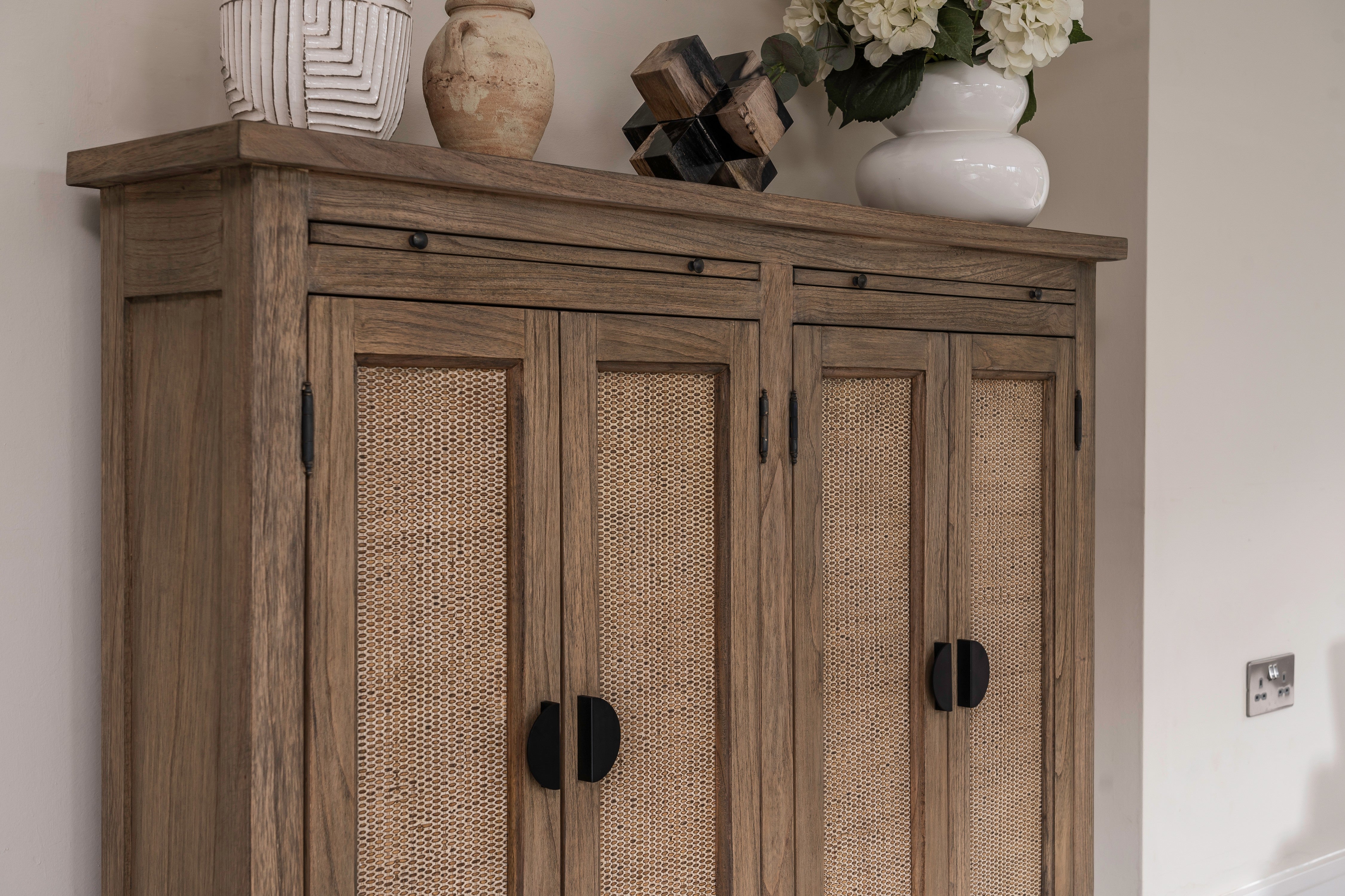 Monte Natural Wood and Rattan Slim Four Door Cabinet - The Orchard Home and Gifts