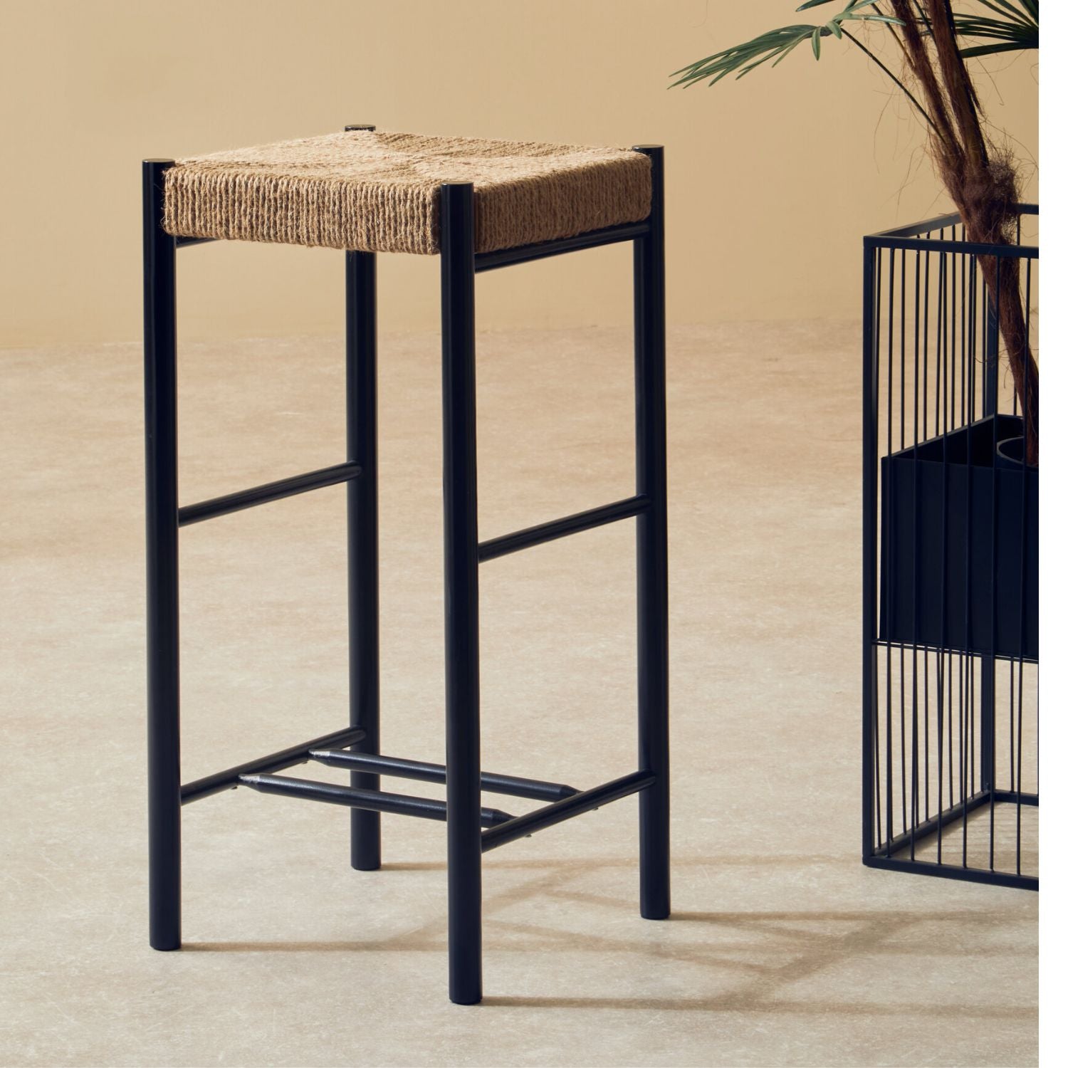 Naku Natural Rope and Black Wood Bar Stool - The Orchard Home and Gifts