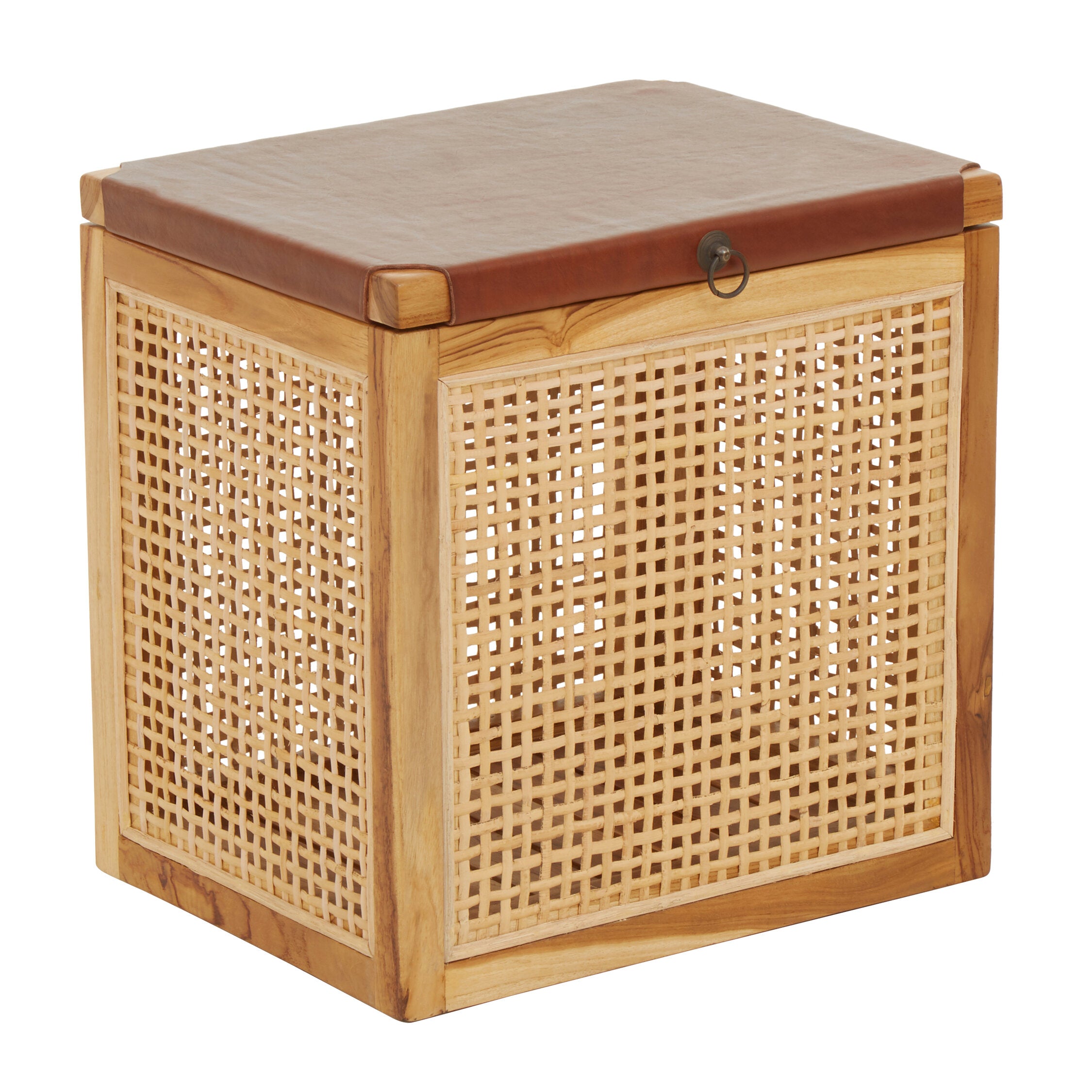Wicker laundry basket with wooden lid on a white background