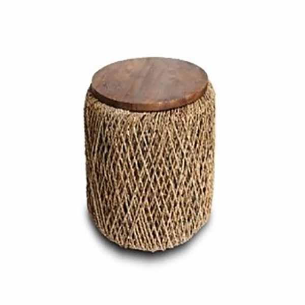 Round wooden stool with woven top on a white background