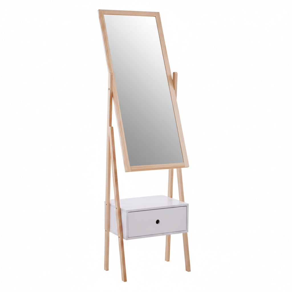 Natural Wood Floor Mirror with White Drawer - The Orchard Home and Gifts