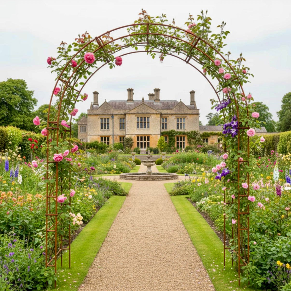 Garden arch with flowers leading to a manor house