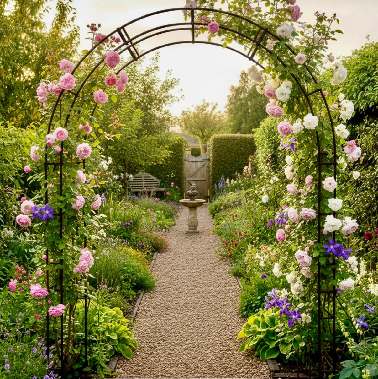 Floral archway in a garden with a pathway leading through it