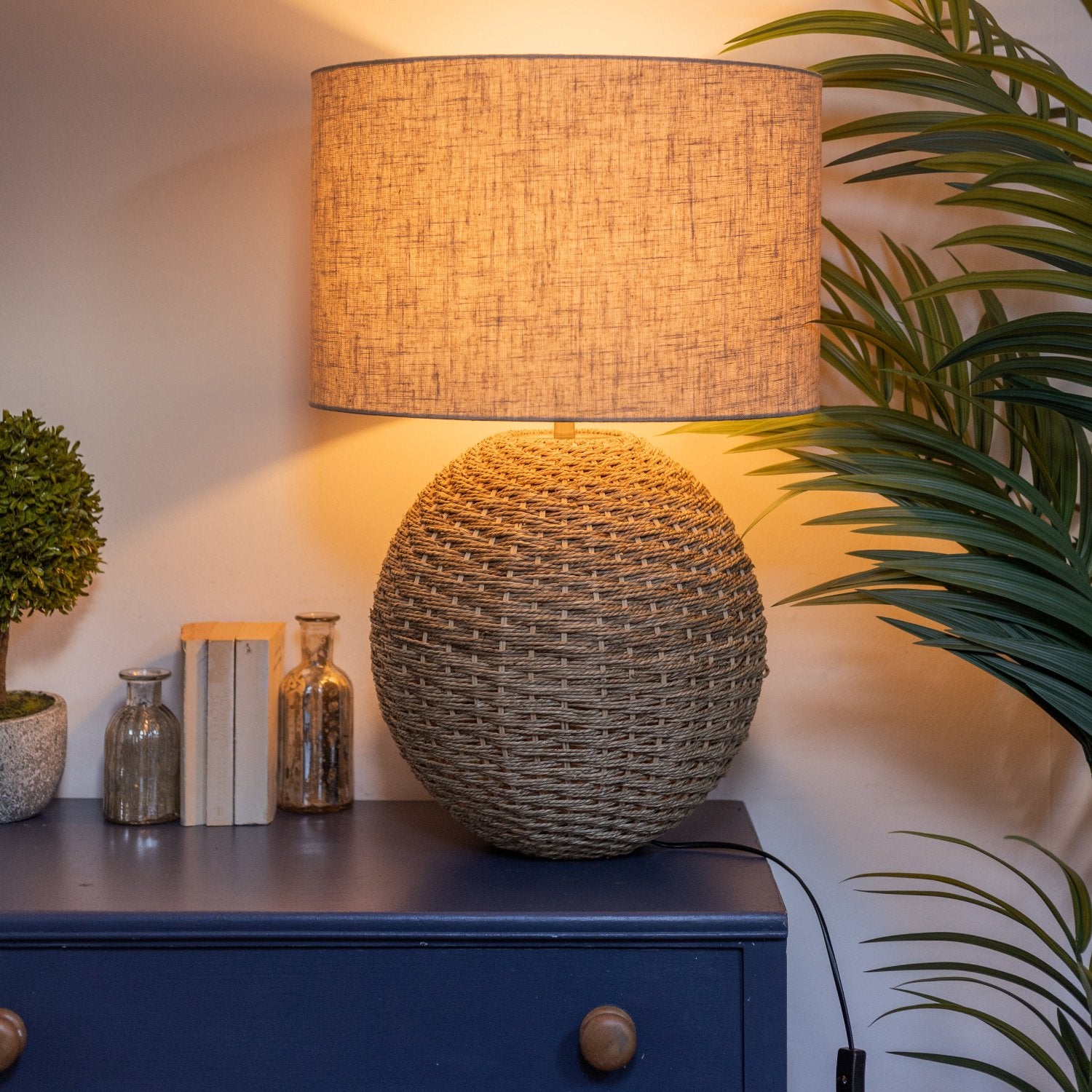 Woven Rattan Orb Table Lamp with Linen Lampshade