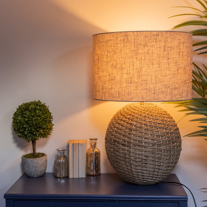 Woven Rattan Orb Table Lamp with Linen Lampshade