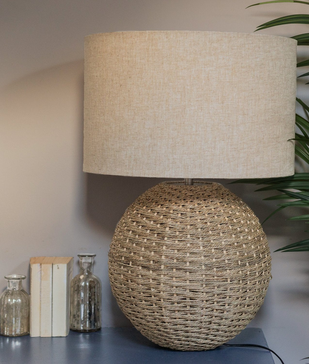Woven Rattan Orb Table Lamp with Linen Lampshade