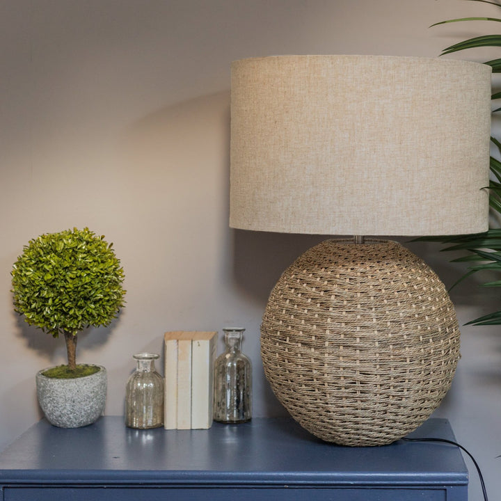 Woven Rattan Orb Table Lamp with Linen Lampshade