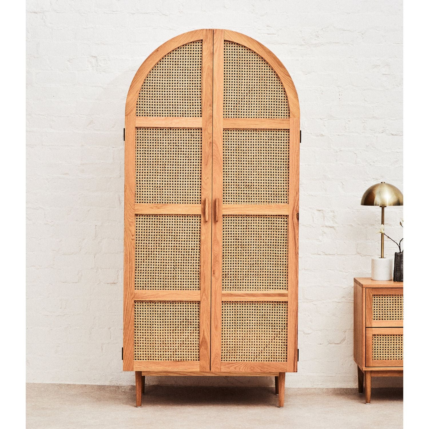 Rattan and Oak Two Door Arched Wardrobe - The Orchard Home and Gifts