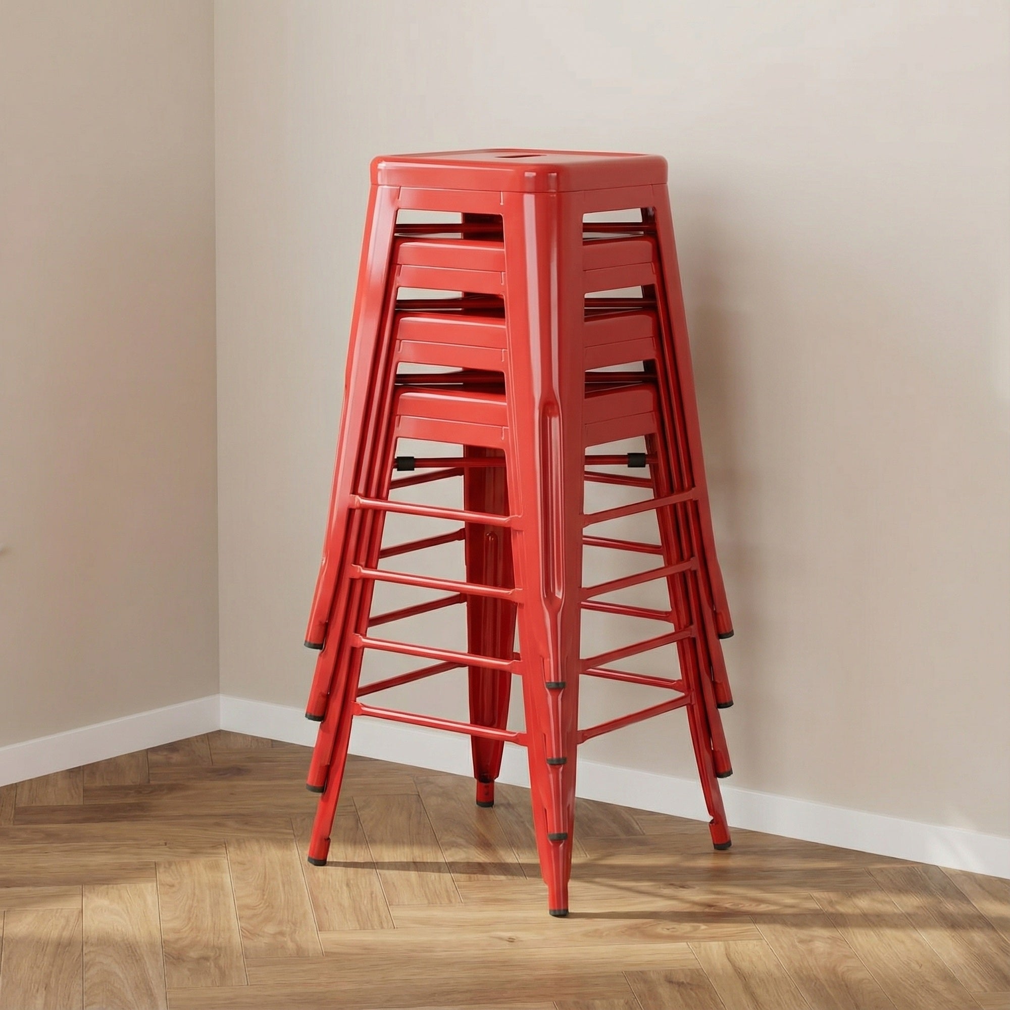Auberge Set of Four Red Metal 61cm Kitchen Bar Stools