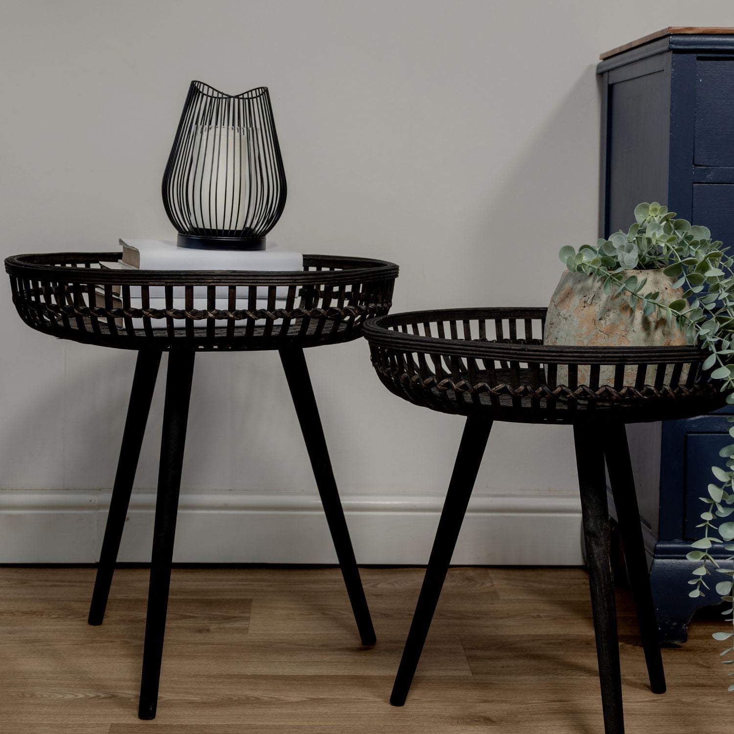 Set of Two Black Bamboo Side Tables