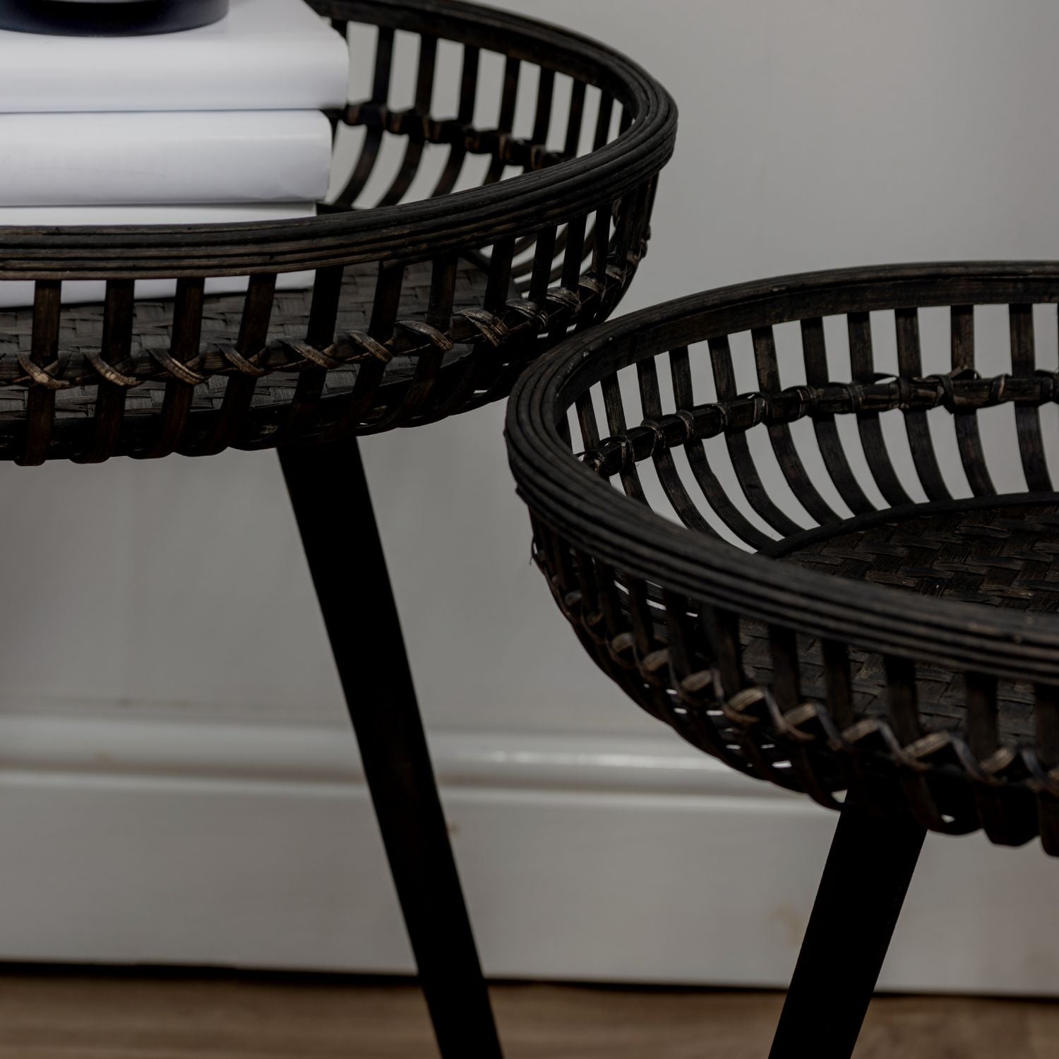 Set of Two Black Bamboo Side Tables