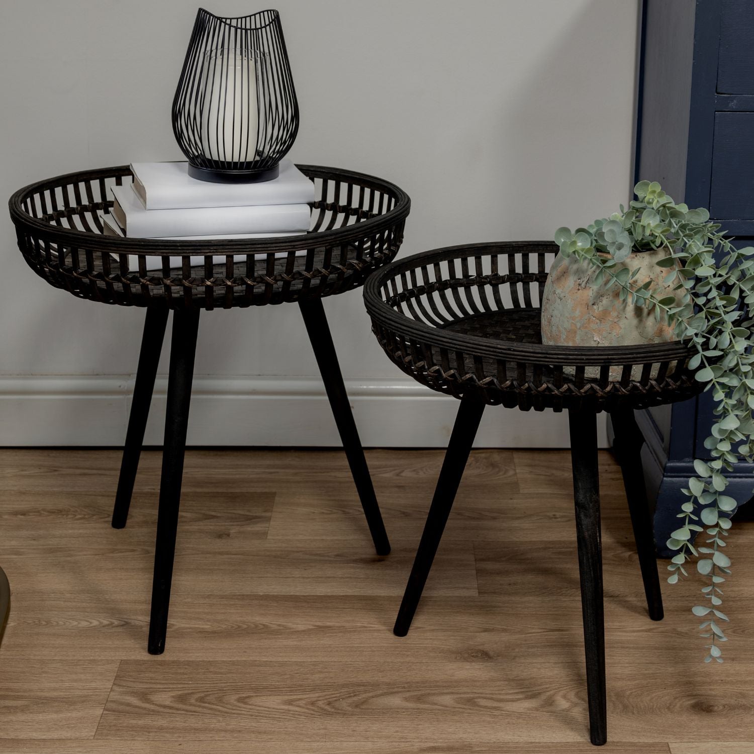 Set of Two Black Bamboo Side Tables