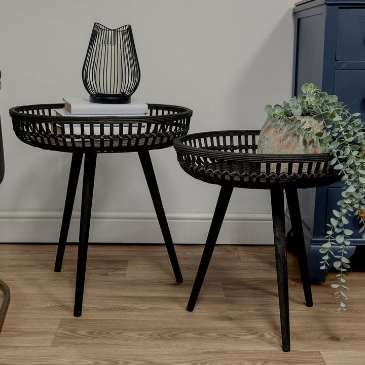 Set of Two Black Bamboo Side Tables