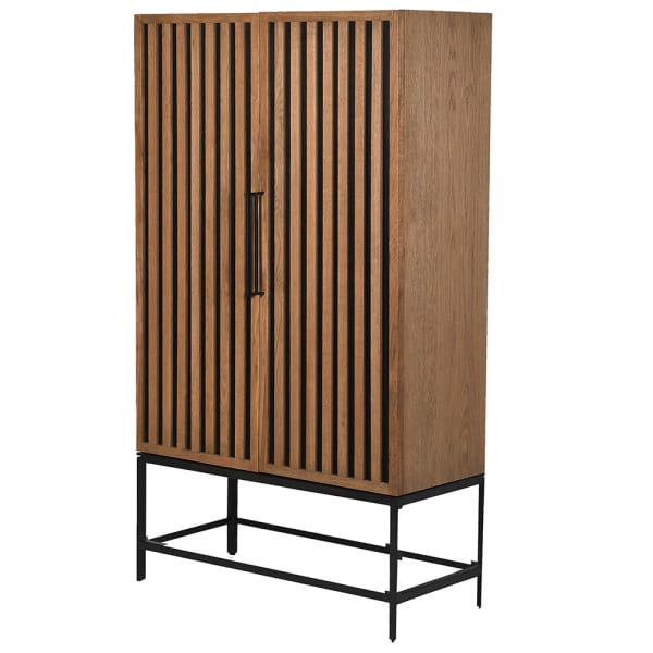 Slatted Aged Oak Tall Storage Cabinet