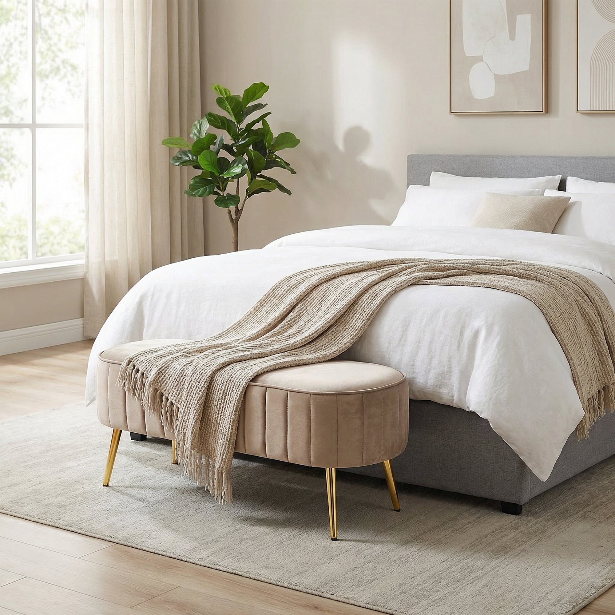 Stone Velvet Cushioned Bench Seat