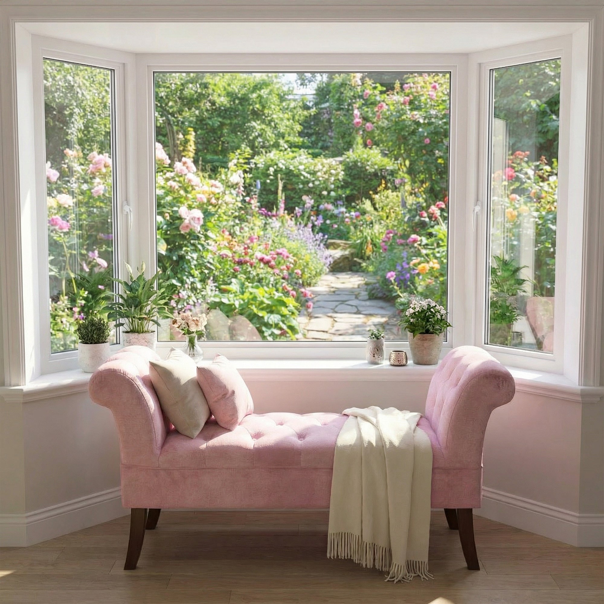 Tufted Button Pink Velvet Window Seat Cushioned Bench