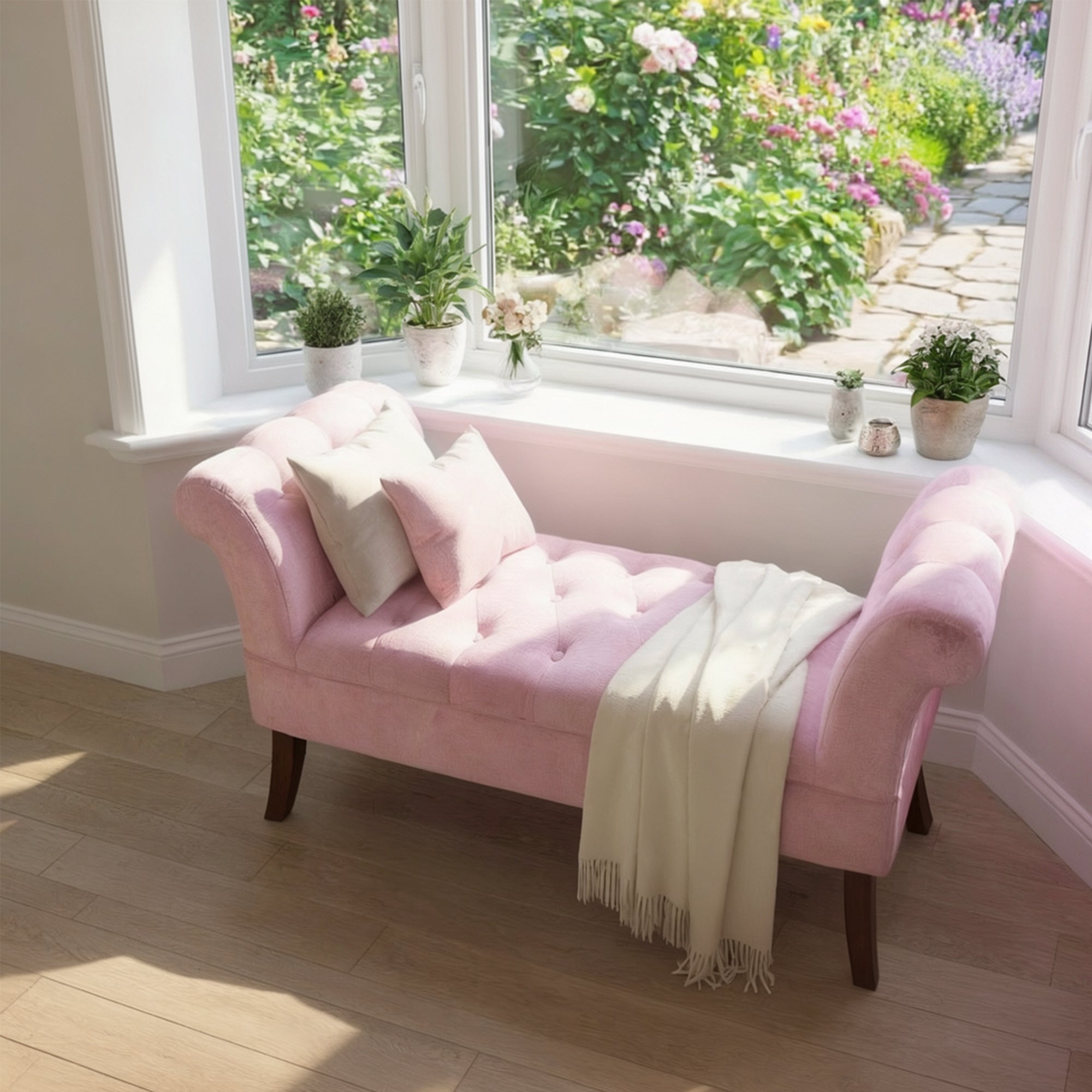 Tufted Button Pink Velvet Window Seat Cushioned Bench