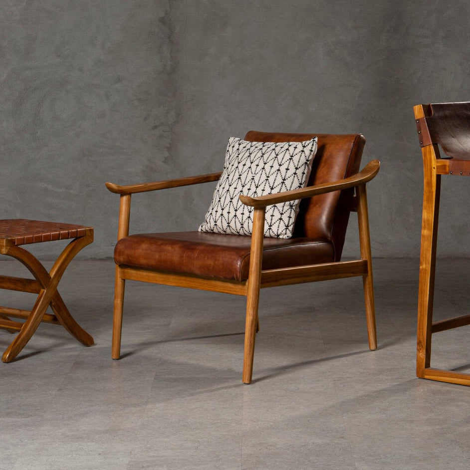 Tan Brown Leather and Natural Teak Armchair - The Orchard Home and Gifts