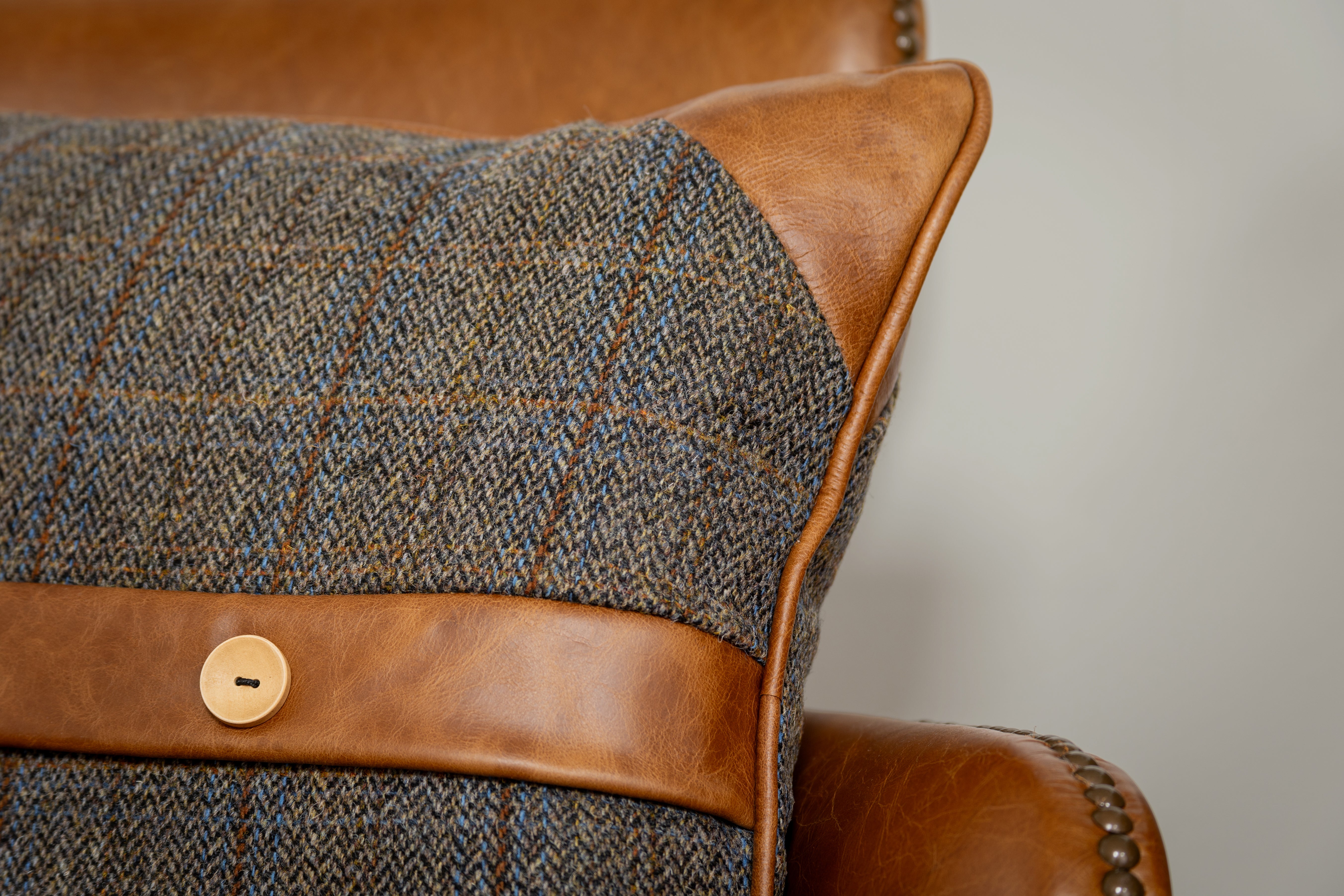 Uist Night Harris Tweed and Brown Cerato Leather Belt and Button Cushion