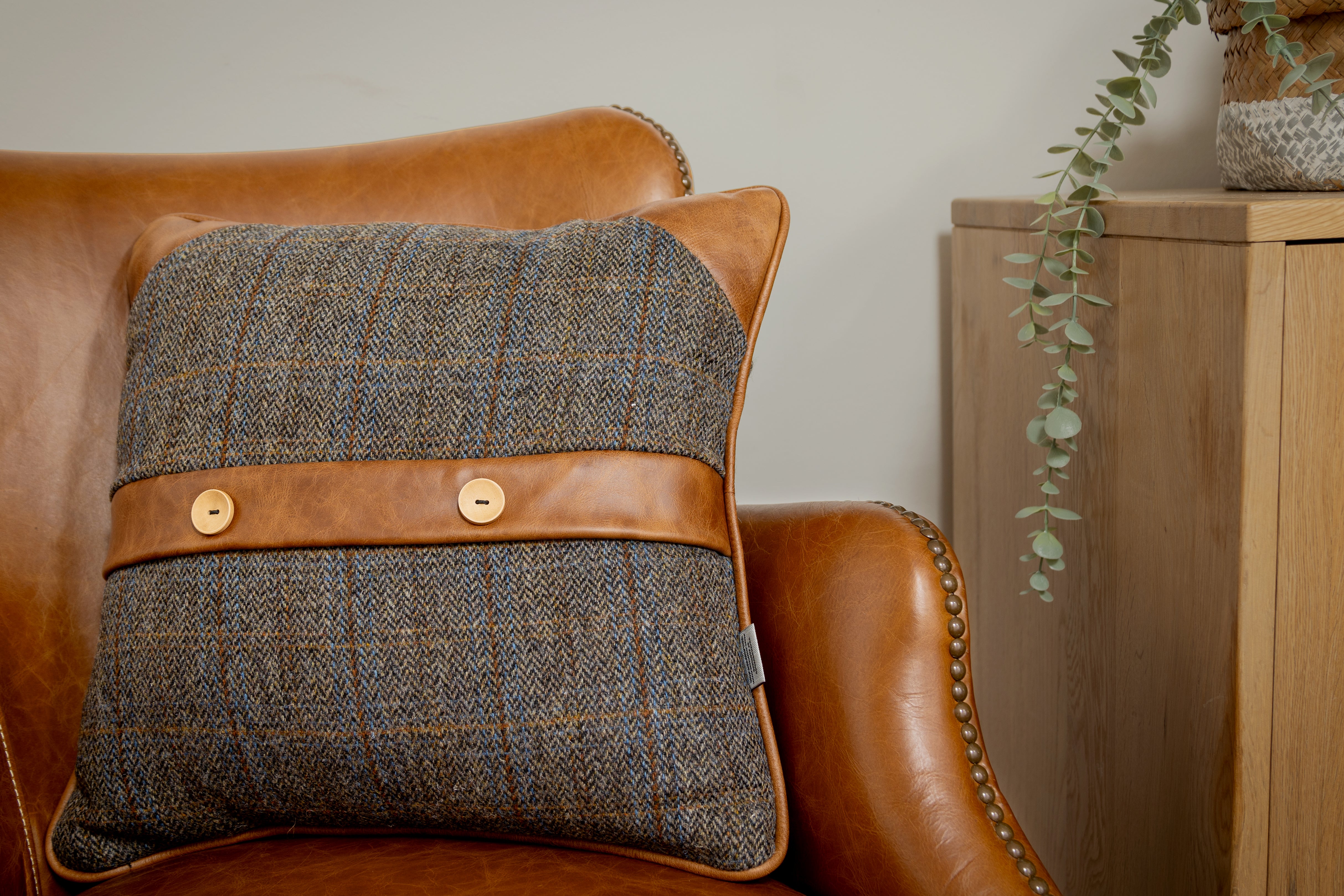 Uist Night Harris Tweed and Brown Cerato Leather Belt and Button Cushion