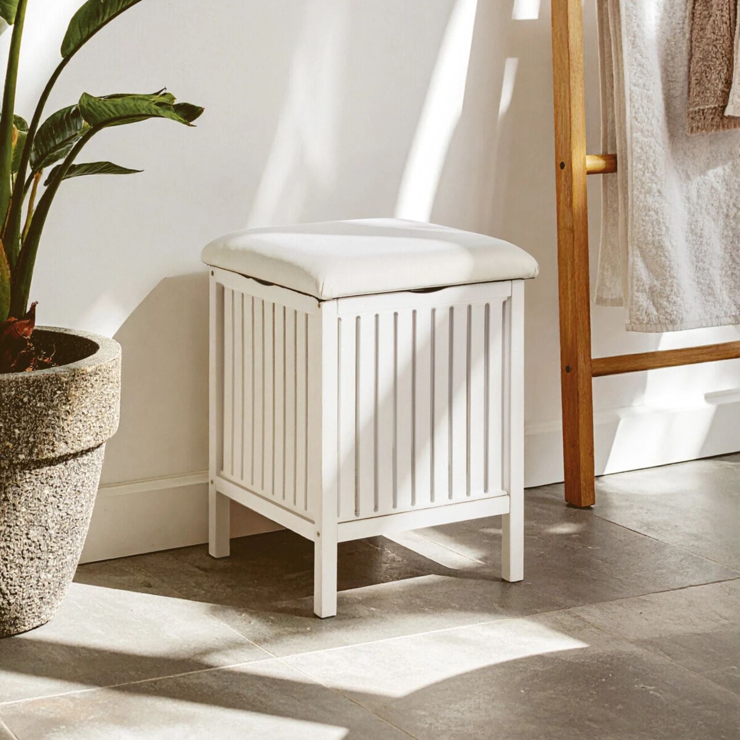 White Bathroom Slatted Laundry Storage Stool - The Orchard Home and Gifts